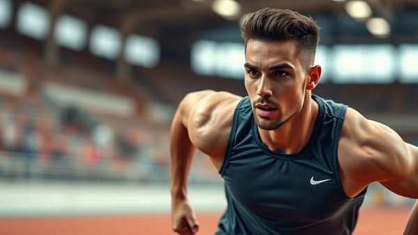 Oblique Seville's strategic mastery in a race, focused runner indoors.