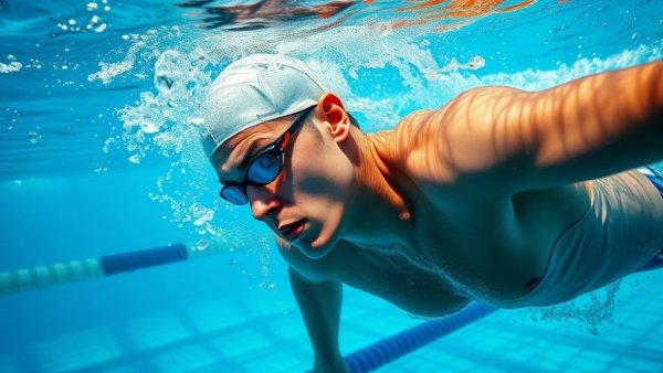 Underwater swimmer improving technique in blue lit pool.