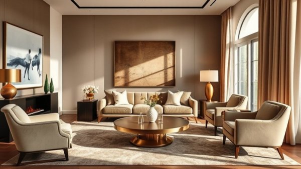 Elegant luxury living room design ideas 2026, featuring plush sofa and gold accents.