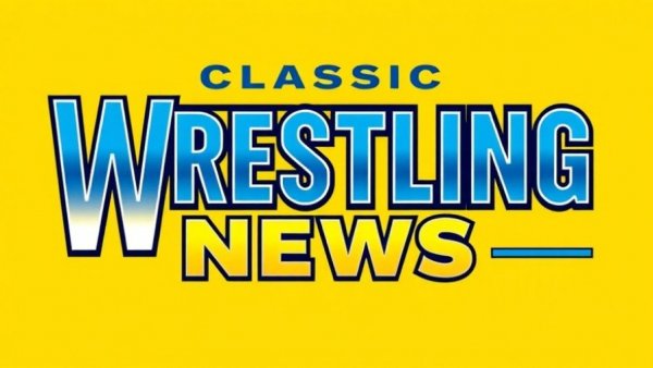 Wrestling news logo in blue on yellow background, retro style.
