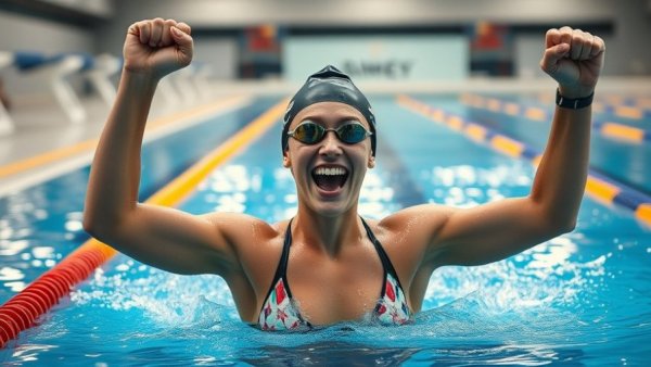 NCAA swimming titles celebration with triumphant swimmer raising arm at poolside.