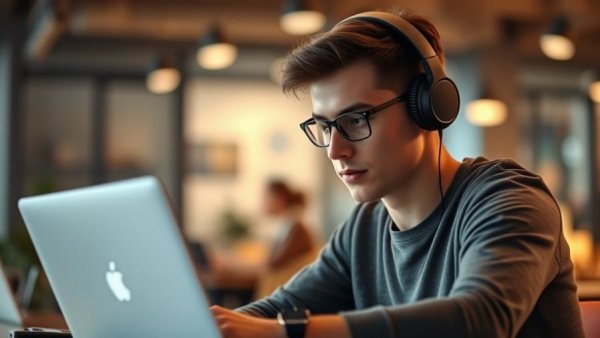 Young man focuses on a laptop, exploring international calling solutions 2026.