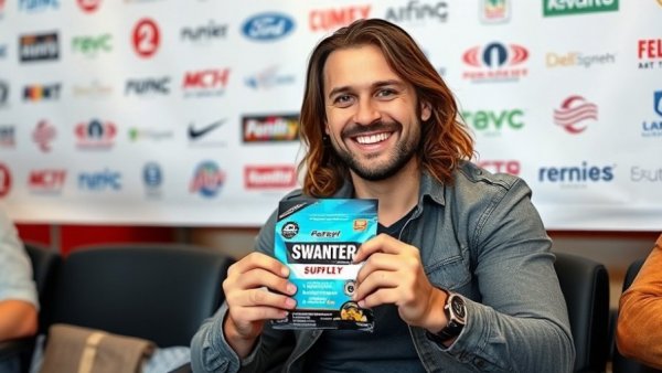 Casual man sitting with supplement package at promotional event, life in track terms.