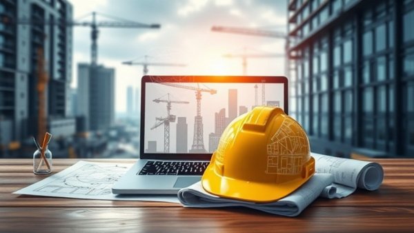 AI chatbots in construction with digital overlay at construction site.