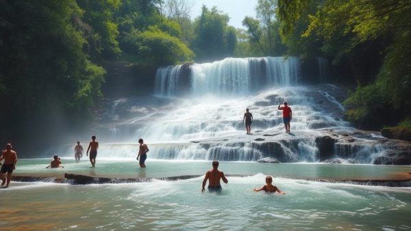 Enjoying April in a Thai waterfall, vibrant and serene.