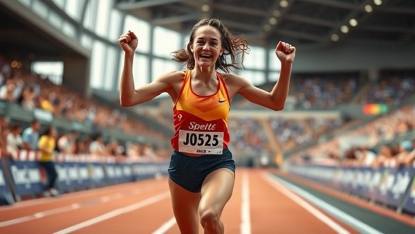 Katy Zang record breaking performance in track event, crossing finish line.