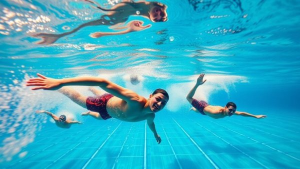 Swimmers performing freestyle in a clear pool, focus on technique and motion.