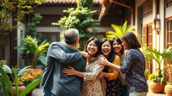 Eid Mubarak celebrations with family embracing in a garden.