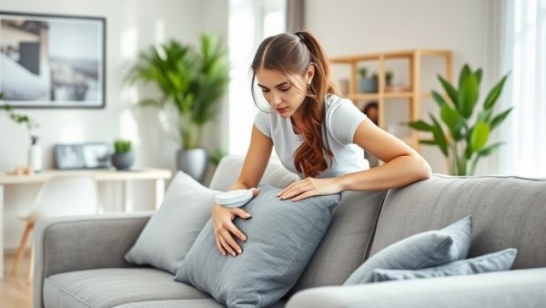 Young woman optimizing household cleaning routines in a modern living room.