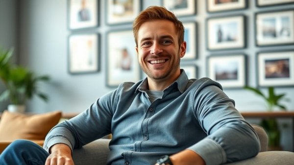Smiling man sitting casually indoor with framed pictures, photorealistic.