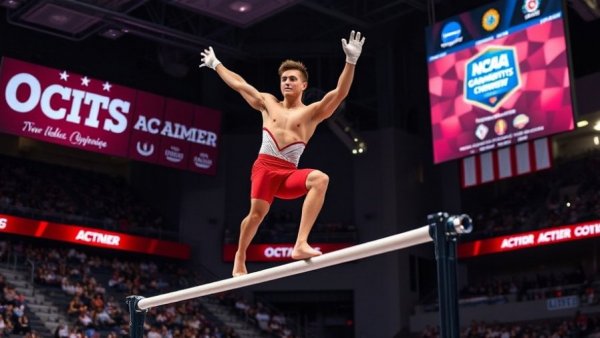 Gymnast competing on high bar at NCAA gymnastics championships, focused.