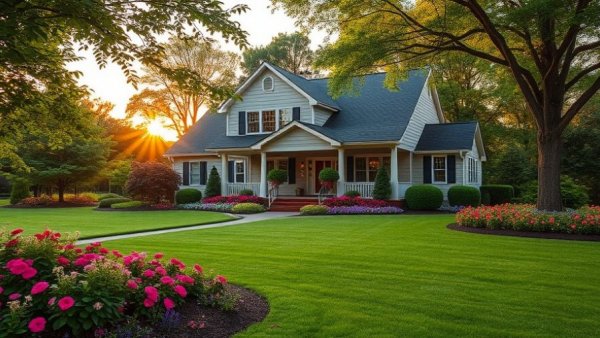 Charming house with landscape curb appeal, lush garden, sunset lighting.
