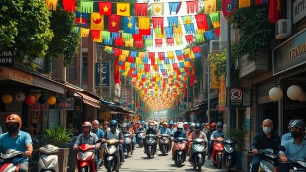 Vietnam travel vibrant colors in bustling street scene with flags and motorbikes.