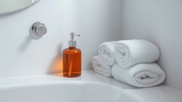 Amber soap dispenser in minimalistic bathroom with calm ambiance.