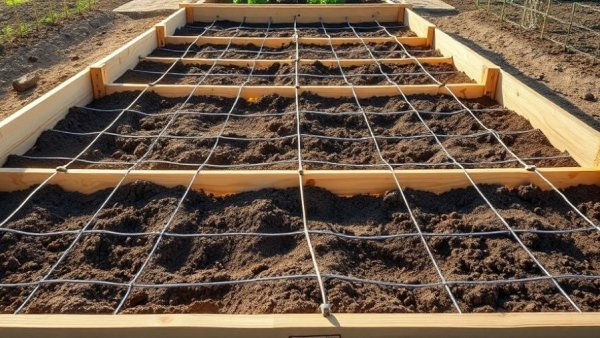 Raised bed vegetable gardening setup with string grid.
