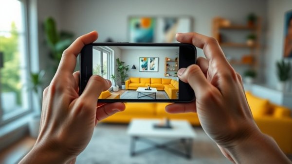 Person using smartphone to capture smart home interior, showcasing network protection for smart homes.