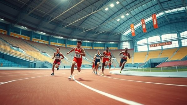 Athletes compete in indoor race, showcasing speed, NCAA indoor record 19.95 seconds.