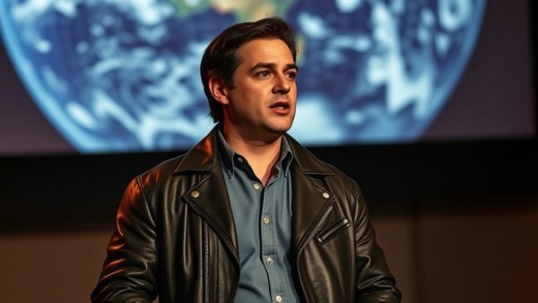 Prominent figure addressing audience with Earth backdrop at Procore NVIDIA event.