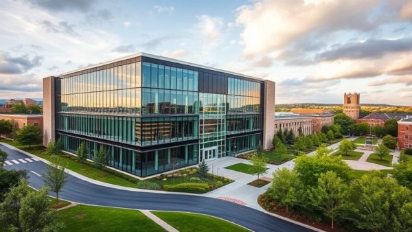 Modern Texas A&M biology building with glass facade and green landscaping.