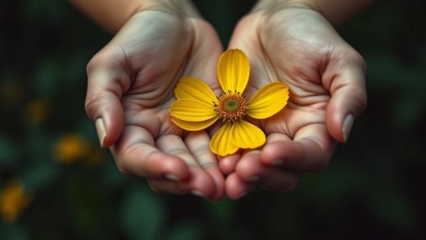 Open hands holding a yellow flower with text about project management values.