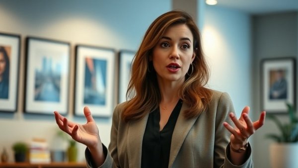 Confident female presenter discusses Italy’s €1 Houses, framed pictures in background.