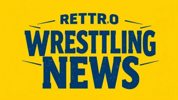 Vintage wrestling news logo with bold blue text on yellow.