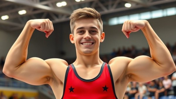 Young male gymnast smiling and flexing, World Cup gymnastics rankings.