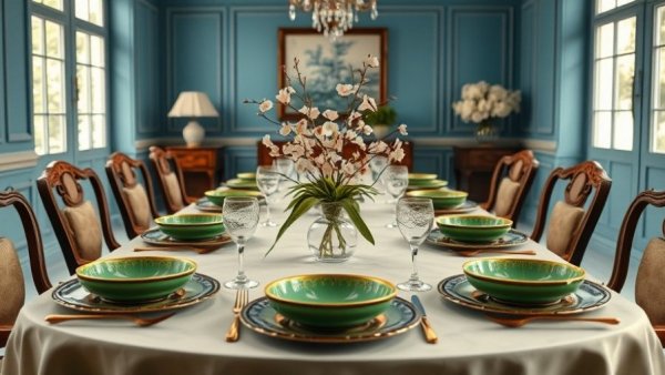 Spring green and blue table setting with decorative accents.