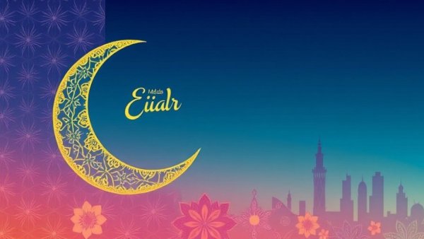 Celebrate Eid Mubarak with colorful geometric design and crescent moon