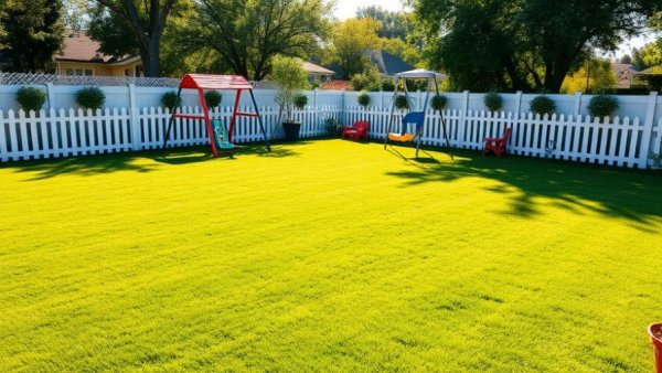 Backyard lawn with text overlay on best time to mow.