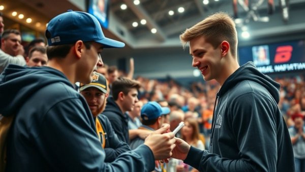 Young athlete enthusiastically signing a fan's shirt at stadium.