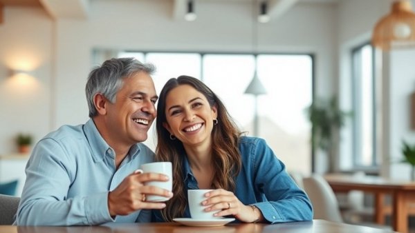 7 Keys to Happiness graphic with smiling couple in modern setting.