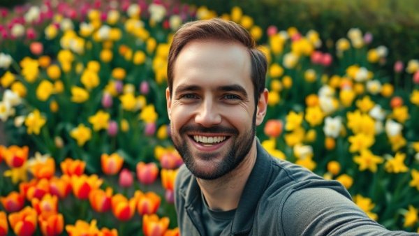 Smiling man in a lush spring garden, with colorful flowers in bloom, spring garden cleanup checklist
