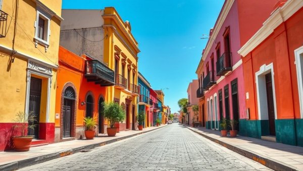 Vibrant Cuernavaca street with colorful buildings and cobblestone road.