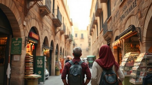 Tourists exploring Souq Waqif, traditional market alley