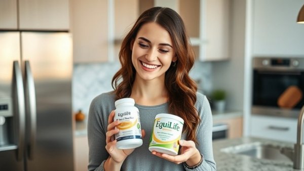 Smiling woman with EquiLife supplements in kitchen for health.