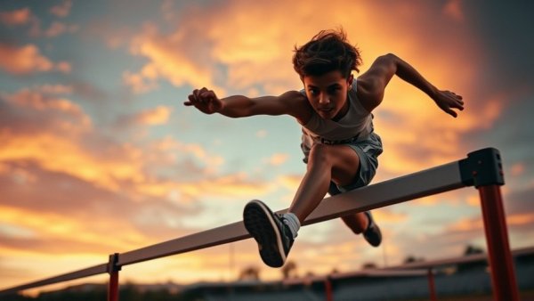 Young athlete scores 95/100 hurdle technique under dramatic sky.