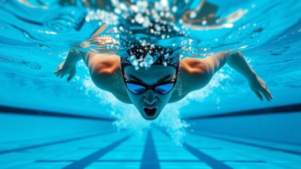 Focused swimmer demonstrating technique in pool, mental preparation.