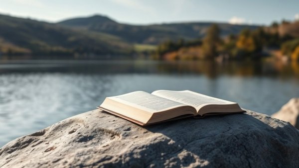 Open journal on rock by the lake depicting journey from chaos to clarity.