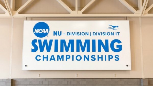 NCAA Division I Swimming and Diving Championships sign with blue logo.