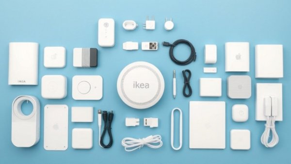IKEA smart hub and accessories on blue background for firmware update.