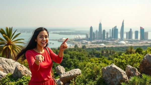 Life in Qatar: Surprised woman's reaction with Qatar skyline.