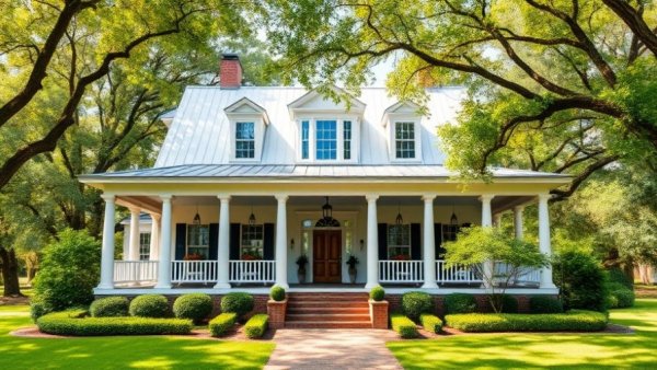 Charming Southern-style colonial house with lush greenery for spring home makeover ideas.