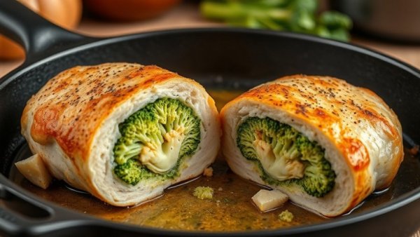 Broccoli and cheese stuffed chicken breasts sliced in skillet.