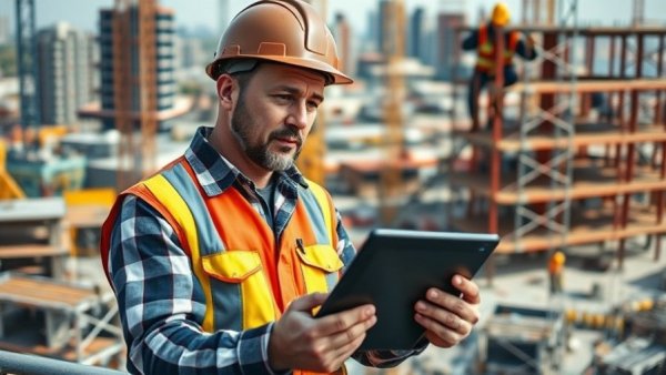 AI in construction safety: worker uses tablet on site.