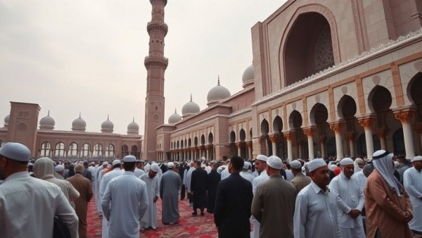 Eid Al Fitr prayer in Qatar with large gathering at mosque under cloudy sky.