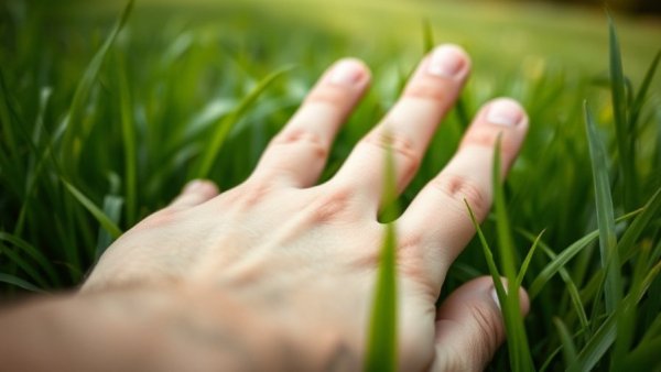 Hand on grass for low maintenance landscaping in Raleigh NC