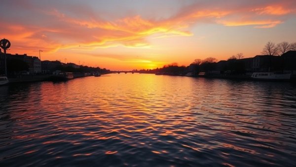 Western water infrastructure canal at sunset, serene view