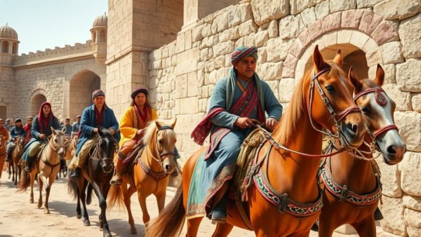 Traditional horse procession in heritage marketplace, timeless spirit of our homeland.