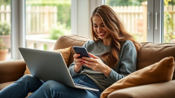 Expat phone and SIM guide: woman multitasking on couch with phone and laptop.